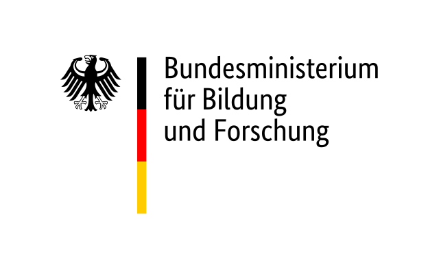 Auf der linken Seite ist der Bundesadler neben den Farben der Deutschlandfahne zu sehen. Rechts steht in schwarzer Schrift "Bundesministerium für Bildung und Forschung".