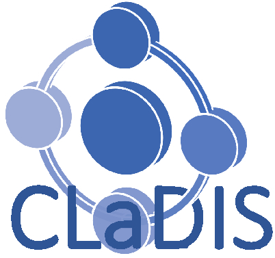 zur Vergrößerungsansicht des Bildes: Blauer Kreisrahmen mit gleichmäßig verteilten vier blauen Kreisen. In der Mitte befindet sich ein größerer blauer Kreis. Unter im Logo steht CLaDIS.