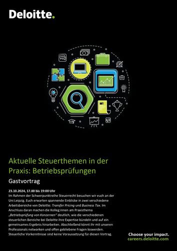 Am 23.10.2024 ab 17:00 Uhr findet im Raum 4.33 (Burgstraße 21) auch dieses Semester wieder für alle am Steuerrecht Interessierten der Gastvortrag zu aktuellen Steuerthemen statt. 