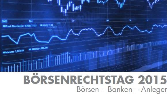 zur Vergrößerungsansicht des Bildes: Ein Foto des PLakats zum Börsenrechtstag 2015. Blauer Graph als Digitaldruck mit Schriftzug: "Börsenrechtstag 2015".