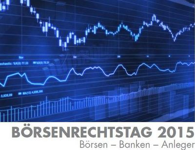 Ein Foto des PLakats zum Börsenrechtstag 2015. Blauer Graph als Digitaldruck mit Schriftzug: "Börsenrechtstag 2015".