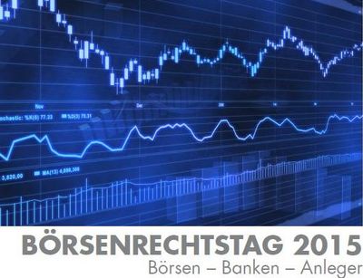 Ein Foto des PLakats zum Börsenrechtstag 2015. Blauer Graph als Digitaldruck mit Schriftzug: "Börsenrechtstag 2015".