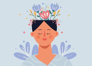 Dekoratives Bild zur Illustration des Themas mentale Gesundheit: Aus dem Kopf einer Frau wachsen Blumen