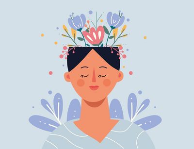 Dekoratives Bild zur Illustration des Themas mentale Gesundheit: Aus dem Kopf einer Frau wachsen Blumen