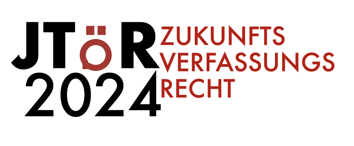 zur Vergrößerungsansicht des Bildes: Das Logo der Veranstaltung ist ein Schriftzug auf weißem Hintergrund. Auf der linken Seite steht in schwarzer Schrift JTÖR 2024. Auf der rechten Seite steht in roter Schrift Zukunftsverfassungsrecht verteilt auf drei Zeilen. 