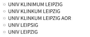 Zu sehen sind verschiedene falsche Schreibweise der Universität Leipzig und des Universitätsklinikums