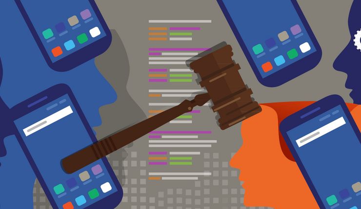 Ein Richterhammer, Smartphones, Köpfe und Zahnräder.