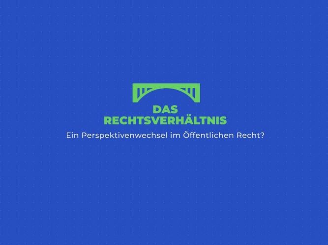 Tagungslogo "Das Rechtsverhätlnis" - blauer Hintergrund, grüne Schrift