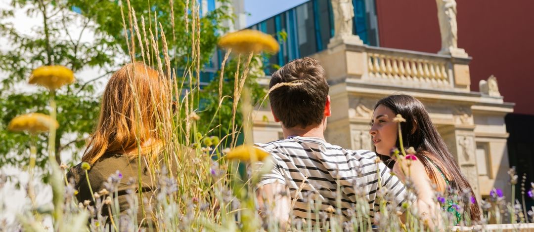 Drei Studierende sitzen auf dem Campus und unterhalten sich, im Hintergrund das Augusteum der Universität Leipzig.