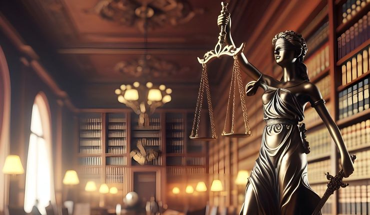 Eine Justitia Figur auf einem Tisch in einer Bibliothek, daneben ein aufgeklapptes Buch