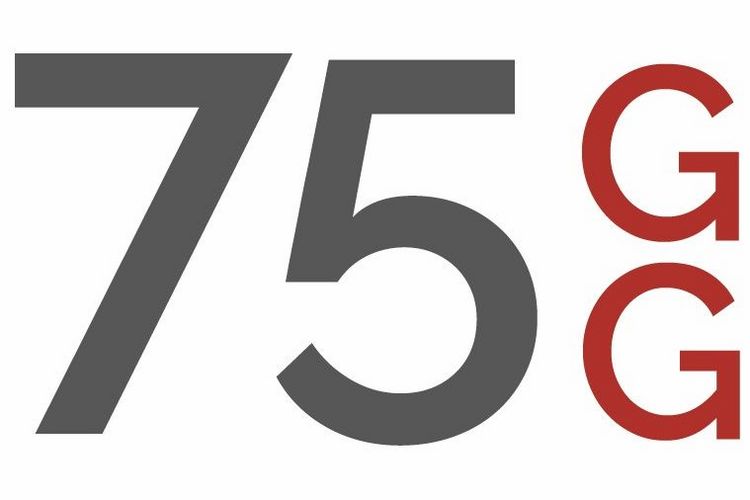 Logo der Veranstaltungsreihe: Graue "75" neben rotem "GG", die Buchstaben übereinandergestellt; alles auf weißem Grund; Bild: Maria Garz
