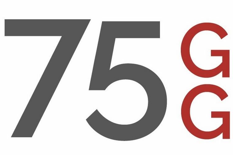 große, graue 75, daneben rote, übereinanderstehende Buchstaben GG, alles auf weißem Grund