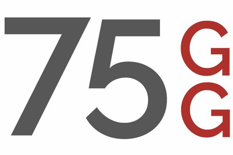Logo der Veranstaltungsreihe: Graue "75" neben rotem "GG", die Buchstaben übereinandergestellt; alles auf weißem Grund; Bild: Maria Garz