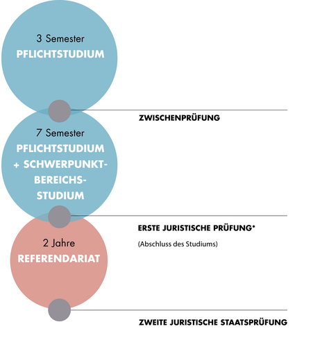 Diese Grafik zeigt den Aufbau des Staatsexamens Rechtswissenschaft. Der Aufbau ist auch im Textteil beschrieben.