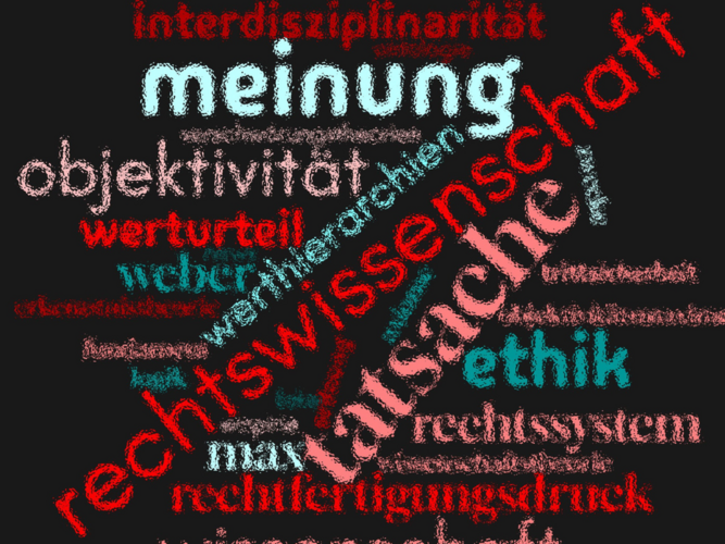 Wortwolke zu Objektivität und Werturteilen in der Rechtswissenschaft. Grafik: PD Dr. Kristina Peters, erstellt mit www.wortwolken.com.
