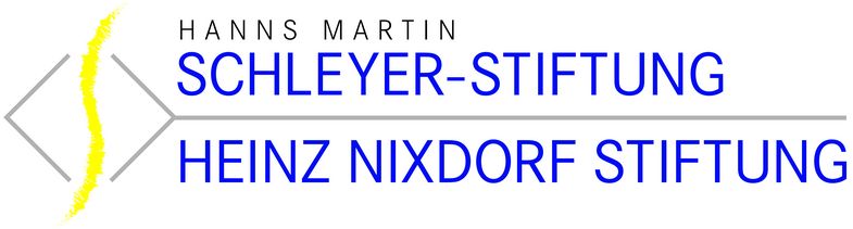 Logo der Stiftungen; In grauer Schrift "Hanns Martin", darunter in Dunkelblau "Schleyer-Stiftung", hierunter ein grauer Strich, der links in ein grau umrandetes gelbes "S" mündet; unter dem grauen Trennstrich ein dunkelblaues "Heinz Nixdorf Stiftung"; Bild: Hanns Martin Schleyer-Stiftung, Heinz Nixdorf Stiftung