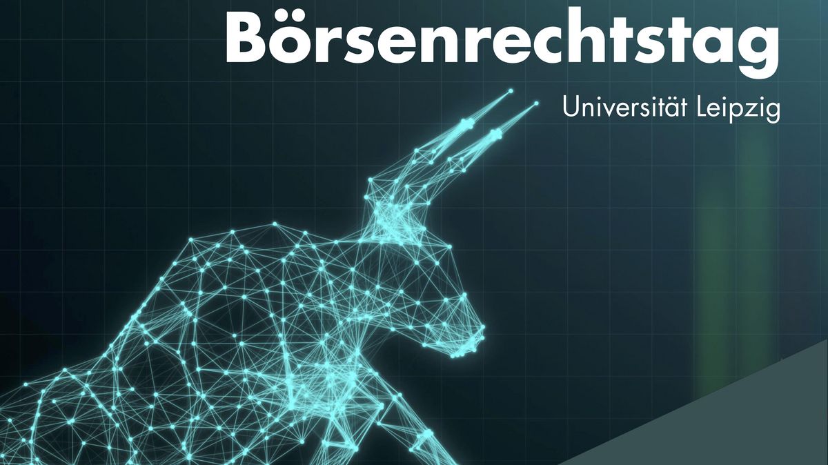 zur Vergrößerungsansicht des Bildes: Plakat des Börsenrechtstags 2019 mit dem Titel: "Innovation und Anlegerschutz". Das Bild zeigt einen futuristischen Digitaldruck eines grünen Bullen, der einen steigenden Graphen hinaufklettert.