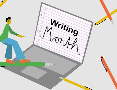 Person surft auf einem, auf dem Laptop neben ihr steht "Writing Month" geschrieben
