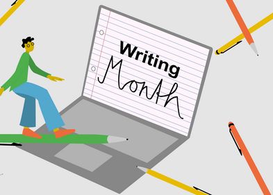 Person surft auf einem, auf dem Laptop neben ihr steht "Writing Month" geschrieben