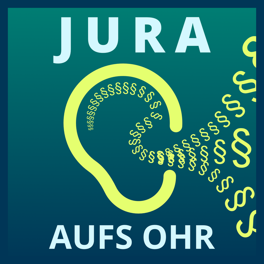 zur Vergrößerungsansicht des Bildes: Logo in Türkis und Blau des Podcasts Jura aufs Ohr es fliegen Paragraphenzeichen in ein stilisiertes Ohr.