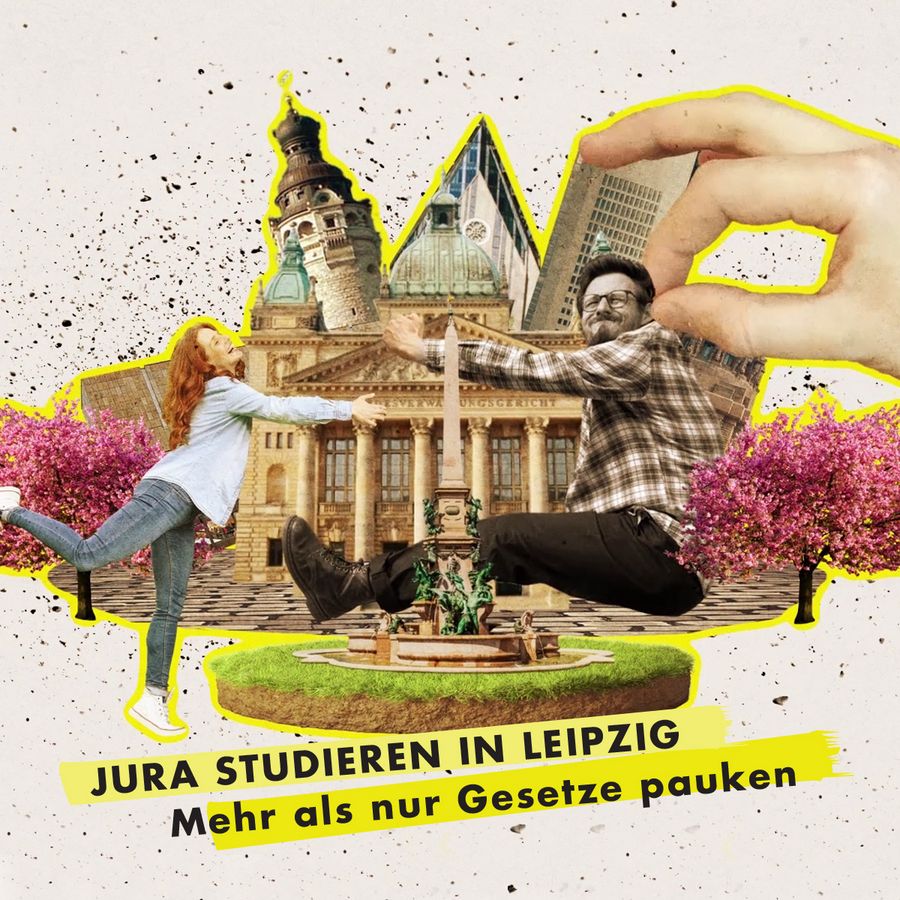 zur Vergrößerungsansicht des Bildes: Grafik mit dem Text "Jura studieren in Leipzig. Mehr als nur Gesetze pauken." Abstrakte Abbildung des Bundesverwaltungsgerichts und dem Augustinum sowie zwei unbekannten Personen.