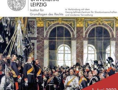 Veranstaltungsplakat, auf dem ein Gemälde von Personen vor historischer Kulisse zu sehen sind. Außerdem Angabe von Veranstaltungsdaten wie unten angegeben. 